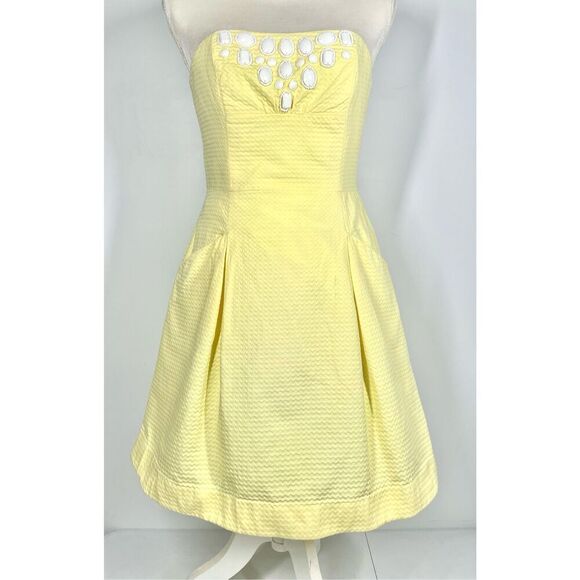 Lily Pulitzer Yellow Beaded Strapless Fit N Flare Mini Dress Pockets Women 2 - Picture 1 of 9